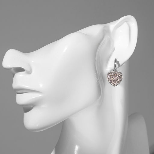 Серьги висячие со стразами «Мишка» с сердцем, белые в серебре