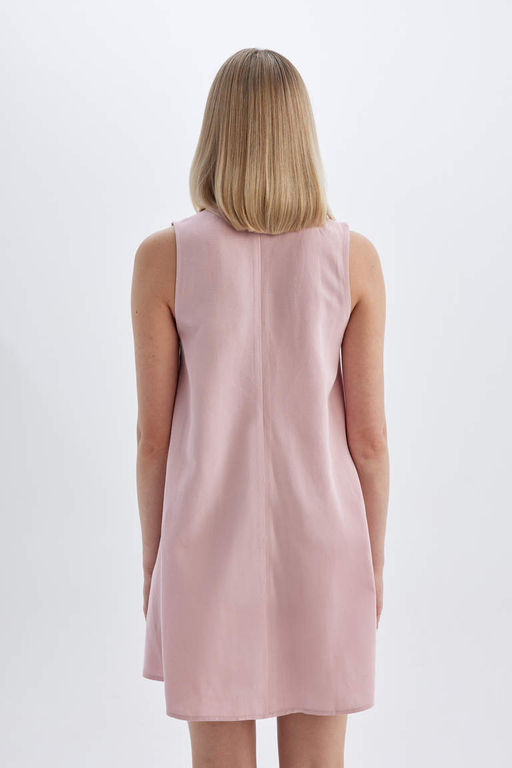 Льняное мини-платье А-силуэта с круглым вырезом и без рукавов - Defacto фото 9