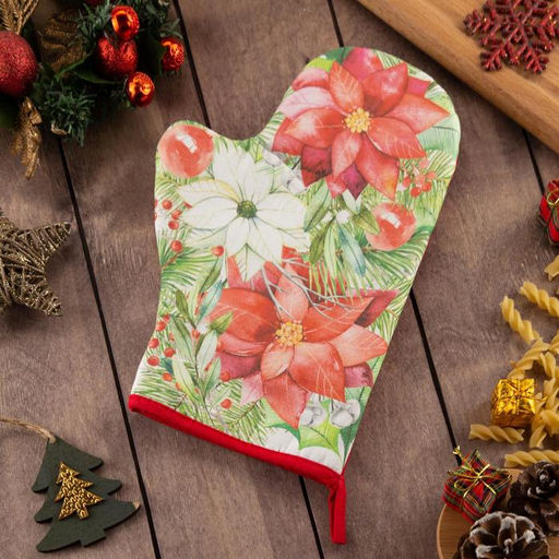 Цена за 3 шт. Варежка-прихватка Christmas red flowers 20?28 см, саржа, 100% хлопок, ватин 250 г/м?