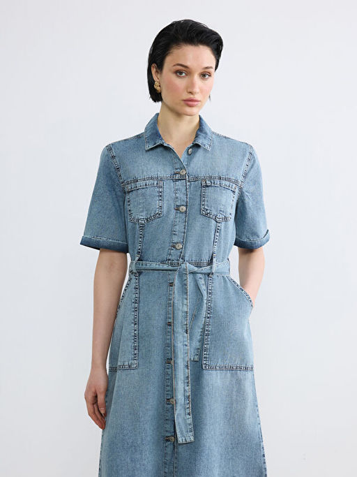 G?mlek Yaka Beli Ku?akl? Jean Elbise