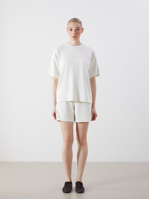 Bisiklet Yaka Bask?l? Oversize Kad?n Ti??rt