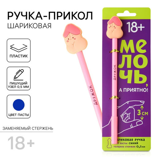 Ручка прикол Дружок, шариковая, синяя паста, пластик, с резиновым доп.. элементом, 18+