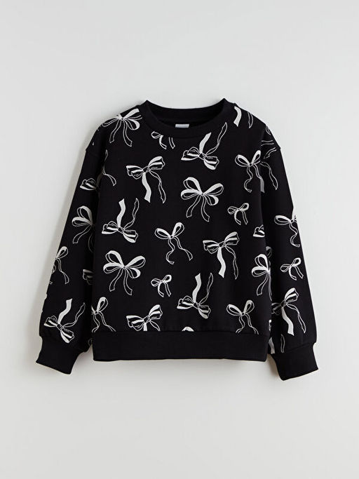 Bisiklet Yaka Fiyonk Desenli K?z ?ocuk Sweatshirt