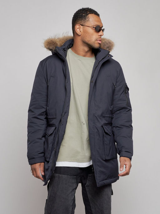Парка мужская зимняя удлиненная с мехом темно-синего цвета 8318TS - Wonderrman фото 7