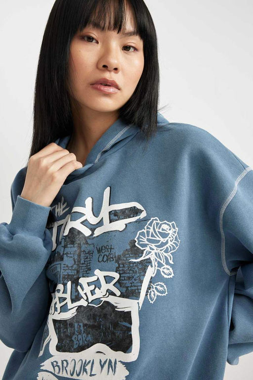 Толстый свитшот с капюшоном и принтом Cool Oversize с эффектом выцветания - Defacto фото 3