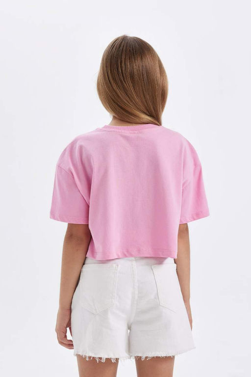 Укороченная футболка с короткими рукавами и принтом для девочек с круглым вырезом - Defacto фото 6