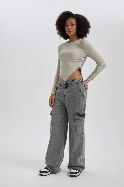 Асимметричная футболка с длинным рукавом и круглым вырезом в рубчик - Defacto фото 5