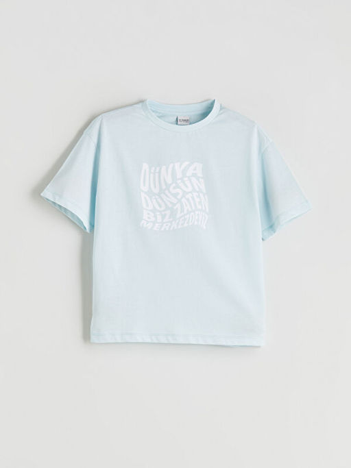 Bisiklet Yaka Slogan Bask?l? K?z ?ocuk Ti??rt