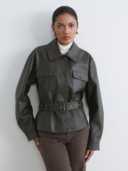 G?mlek Yaka Kemerli Kad?n Deri G?r?n?ml? Ceket