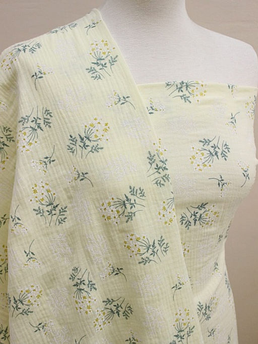 Муслин двухслойный с эф.жатости Веточки ромашки на бл.желтом с лимонным оттенком, ш.1.36м, хл-100% - Купава фото 2