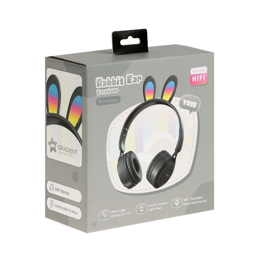 Наушники детские, беспроводные, накладные, с ушками зайца, Y08R, Bluetooth 5.1, с микрофоном, с подсветкой, 400 мАч, чёрные