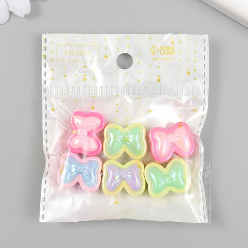 Бусина для творчества пластик, набор 6 шт., Бант, цветная с перламутром, 1.7?2 см, МИКС