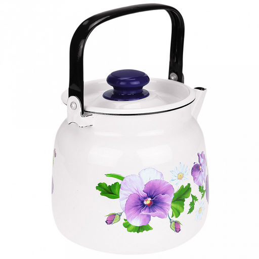 "Анютины глазки" Чайник эмалированный 3,5л, д19,4см, h16,2см, s0,08мм, двойной слой эмалевого покрытия, металлическая крышка, металлическая подвижная ручка (Россия)