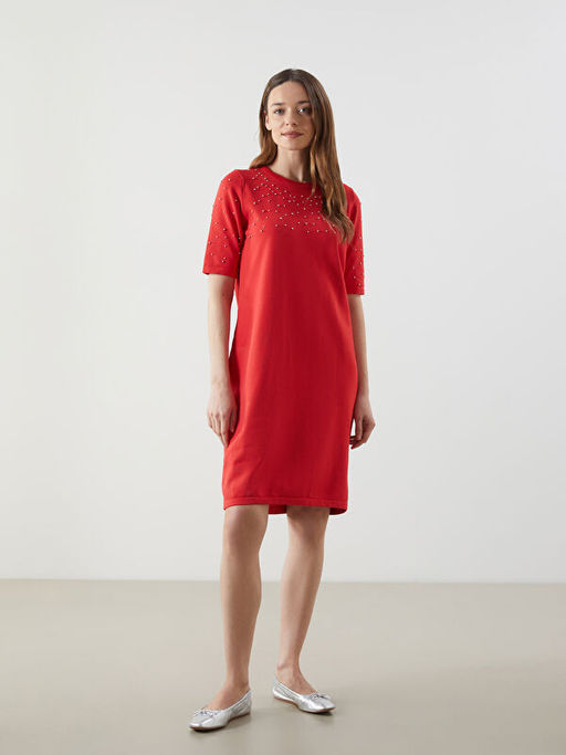 Bisiklet Yaka Boncuk ??lemeli Triko Elbise