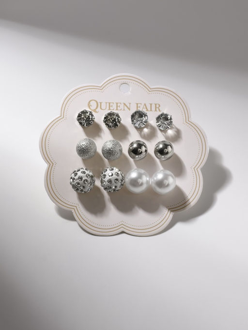 Пусеты 6 пар Жемчужные минимал d=8-11мм, цвет белый в серебре - Queen fair фото 6
