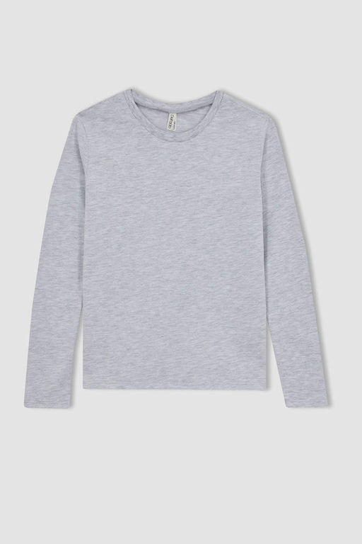 Серая школьная футболка с длинными рукавами из чесаного хлопка с круглым вырезом для девочек - Defacto фото 6