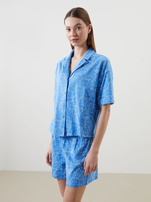 G?mlek Yaka Bask?l? Kad?n ?ortlu Pijama Tak?m?