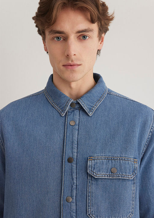 Jeremy Classic Denim Suni Kurklu Indigo Mavisi Jean Gomlek  фото 7