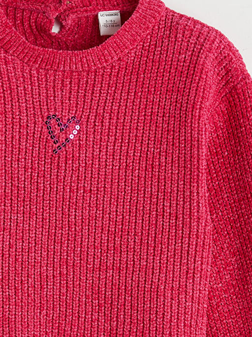 Bisiklet Yaka Kalp ??lemeli K?z ?ocuk Triko Kazak