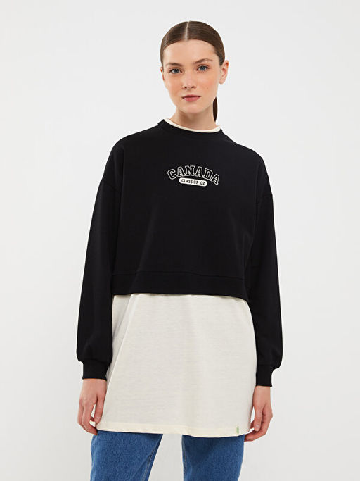 Bisiklet Yaka Bask?l? Uzun Kollu Oversize Kad?n Sweatshirt Tunik