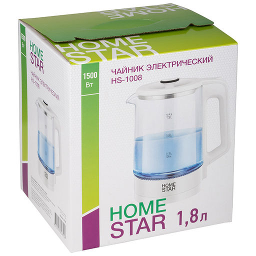Чайник Homestar HS-1008 (1,8 л), стекло, белый 107009