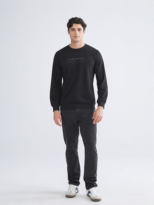 Bisiklet Yaka Bask?l? Erkek Kal?n Sweatshirt