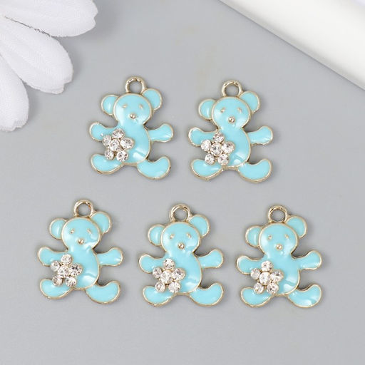 Цена за 5 шт. Декор для творчества металл, эмаль, стразы Мишка с цветочком, голубой, золото, 0.5?1.7?2 см
