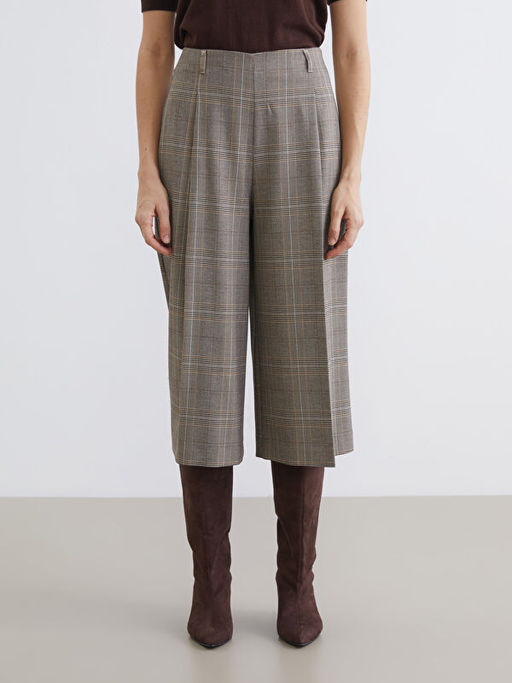 Loose Fit Ekose Geni? Pa?a Kad?n Pileli Pantolon