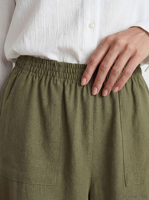 Beli Lastikli Keten G?r?n?ml? Kad?n Pantolon