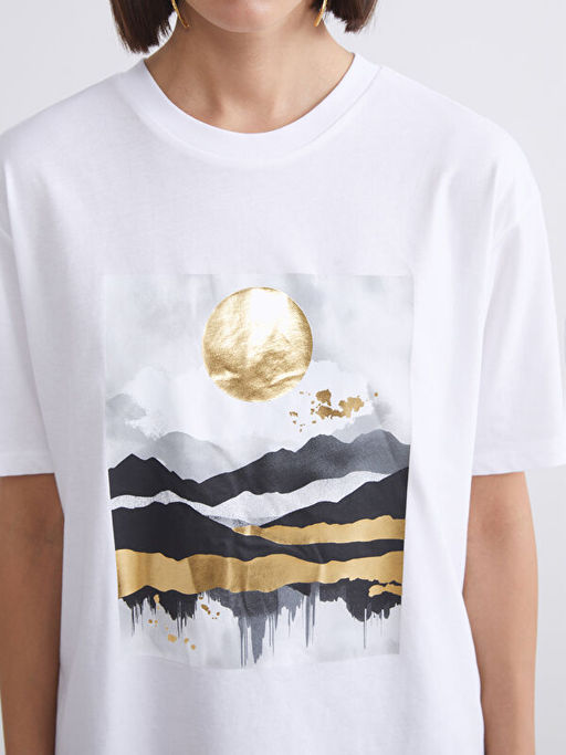 Bisiklet Yaka Bask?l? Oversize Kad?n Ti??rt