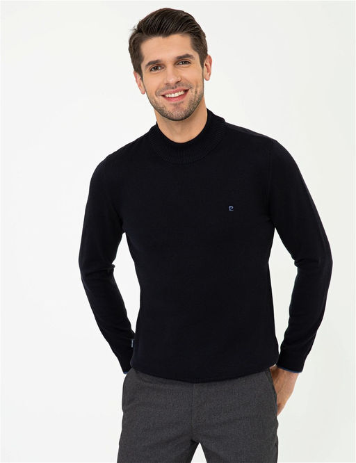 Lacivert Slim Fit Yar_m Bal_k__ Yaka Basic Triko Kazak