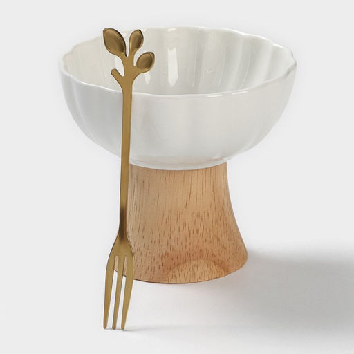 Креманка, d=10 см, с вилкой h=13 см, керамика, бамбук, белая