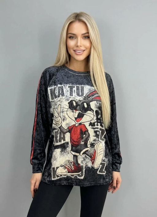 K13416 Лонгслив OVER SIZE (велюр) ЧЕРНЫЙ