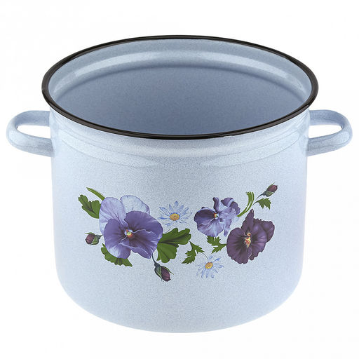 "Анютины глазки" Кастрюля эмалированная 9л, форма цилиндрическая, металлическая крышка, металлические ручки, белый рябчик (Россия)