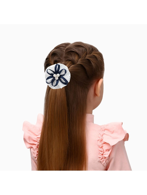 Цена за 6 шт. Бант для волос на резинке «Школьница», мелкий горошек и бусинки, d=7.5 см, бело-синий