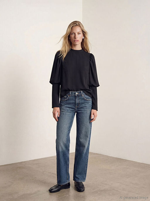 Dik Yaka Balon Kollu Saten Bluz