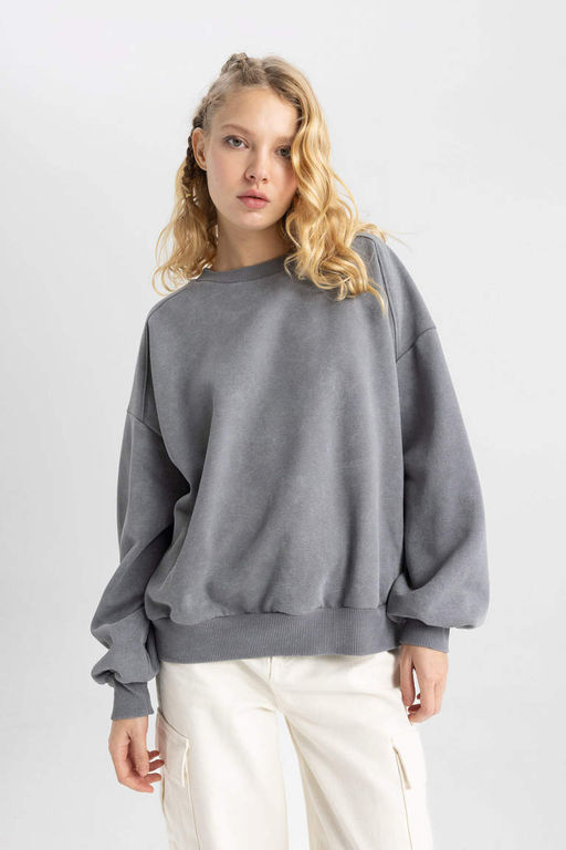 Толстый потертый свитшот с круглым вырезом Cool Oversize с эффектом потертостей - Defacto фото 6