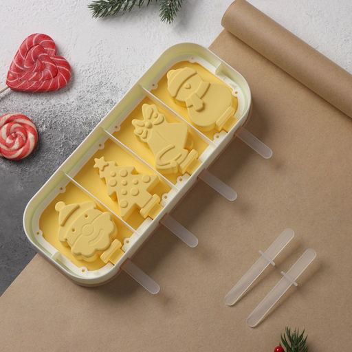 Форма для мороженого с крышкой Доляна Новый год, силикон, 24?10?3 см, 4 ячейки, с палочками, жёлтая