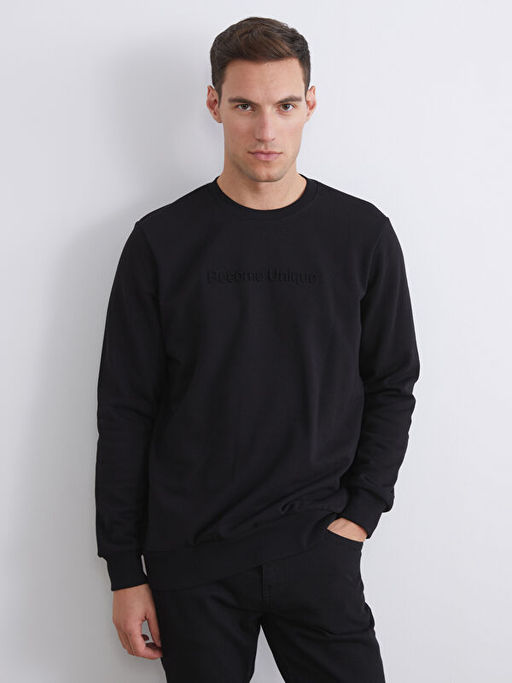 Bisiklet Yaka Bask?l? Erkek Sweatshirt