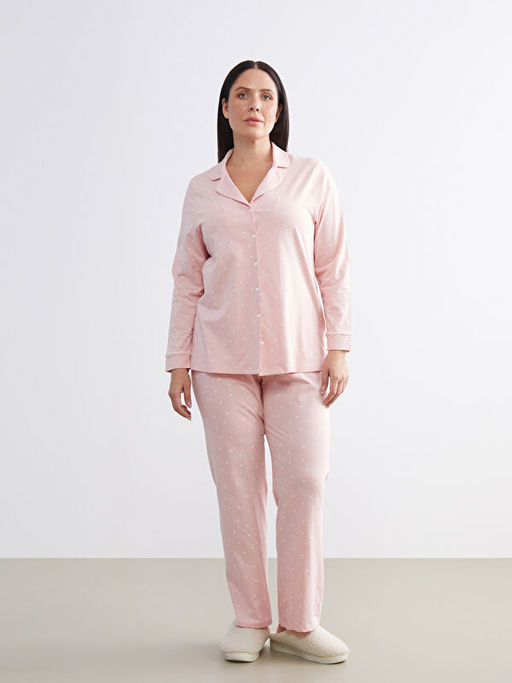 G?mlek Yaka Kalp Bask?l? Kad?n Pijama Tak?m?