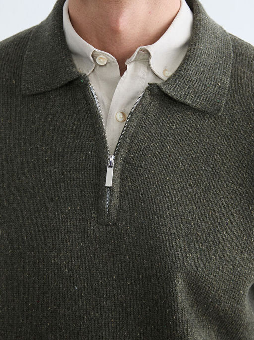 Polo Yaka Yar?m Fermuarl? Erkek Triko Kazak