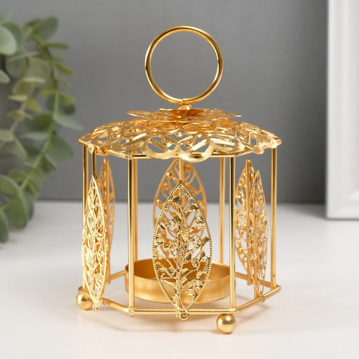 Металлический подсвечник-фонарь на 1 свечу Цветок и листья, золото, d=5.5 см, 9.8?10.5?14 см