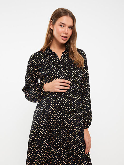 G?mlek Yaka Puantiyeli Uzun Kollu Viskon Hamile Elbise