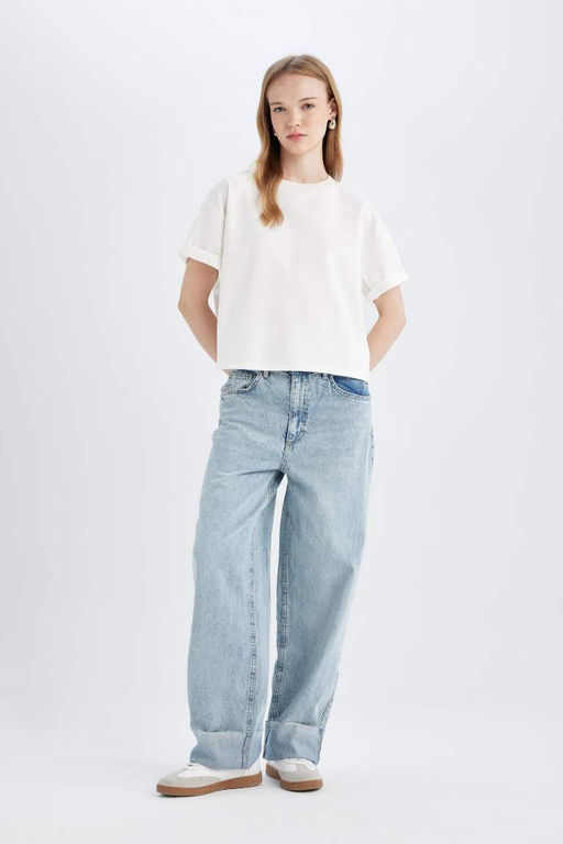 Мешковатые джинсовые брюки длиной до щиколотки с высокой талией и мешковатыми манжетами. - Defacto фото 12