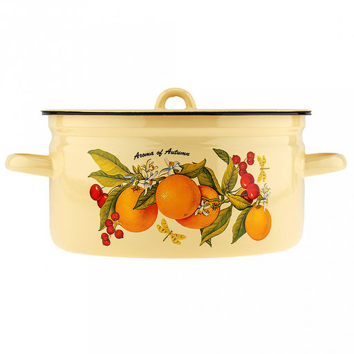 "Фруктовая фантазия" Кастрюля эмалированная 5,5л, форма цилиндрическая, металлическая крышка, металлические ручки, кремовый (Россия)