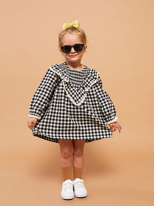 Bisiklet Yaka Uzun Kollu Ekose Desenli K?z Bebek Elbise