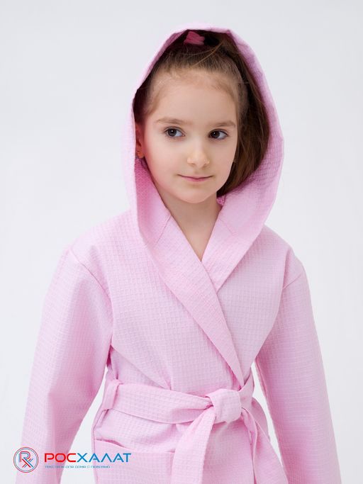 Детский вафельный халат с капюшоном светло-розовый В-07 (8)