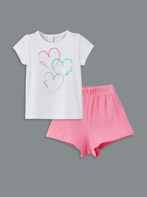 Bisiklet Yaka Bask?l? K?z ?ocuk Ti??rt ve ?ort 2li