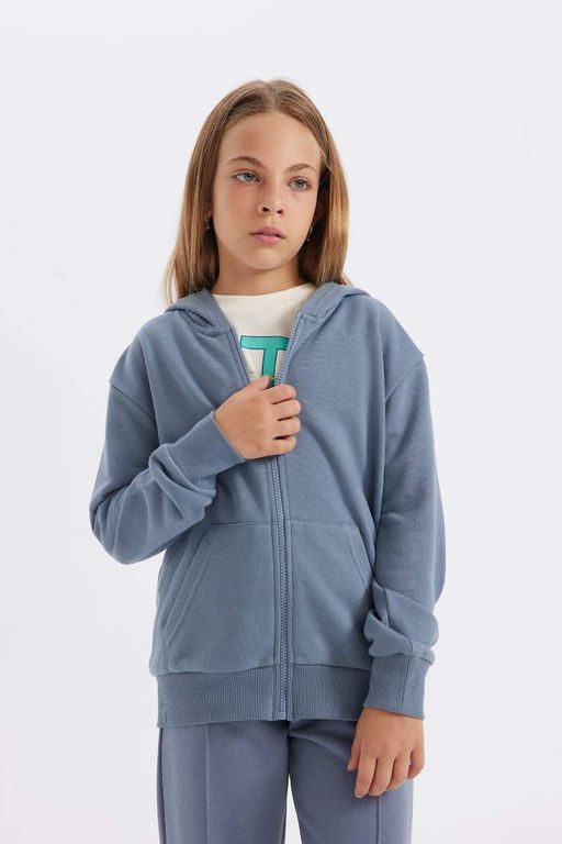 Базовый школьный кардиган с капюшоном и молнией для девочек - Defacto фото 3