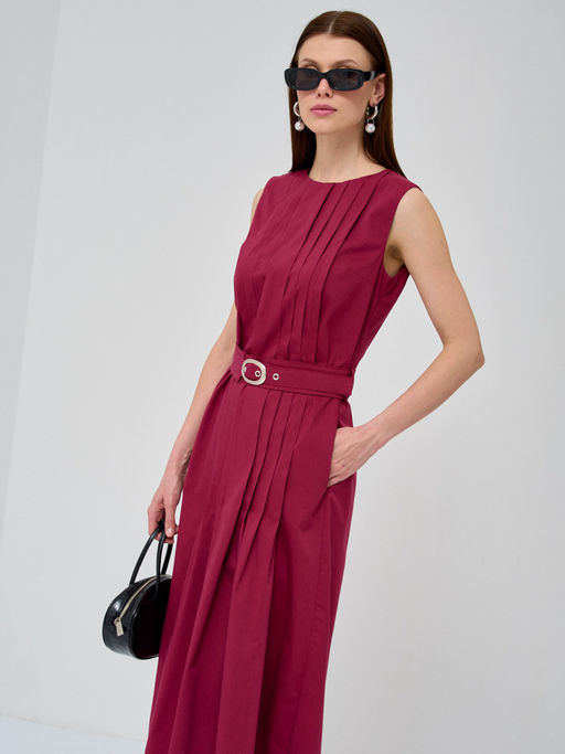 Платье хлопок с поясом бордовое